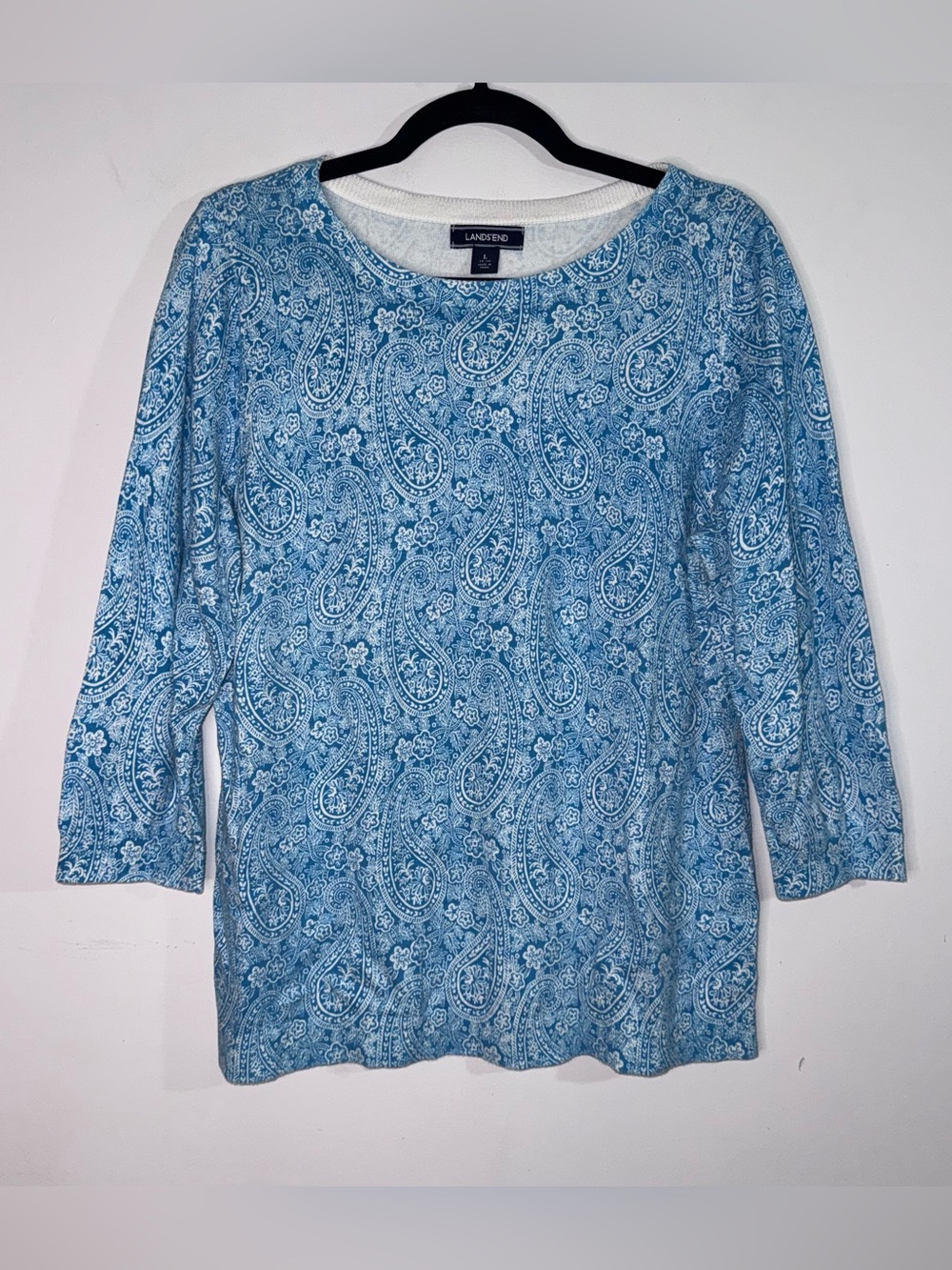 Lands’ End Women’s L 14-16 Blue Paisley Cotton 3/4 Sleeve Sweater